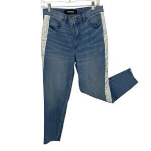 Express Girlfriend High Rise Jeans Size 6 Two Tone Raw cuffs Blue white denim